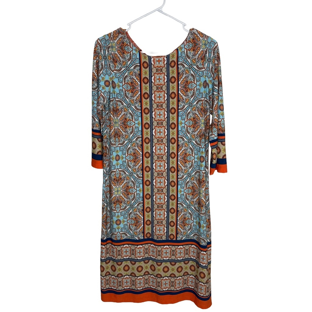 LONDON TIMES NWT Aqua Orange Geometric Mosaic Shift Dress 3/4 Sleeve Knee Length